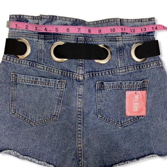 My-Kim Belted Button Fly High Waist Frayed Hem Denim Paper Bag Shorts - Picture 7 of 10